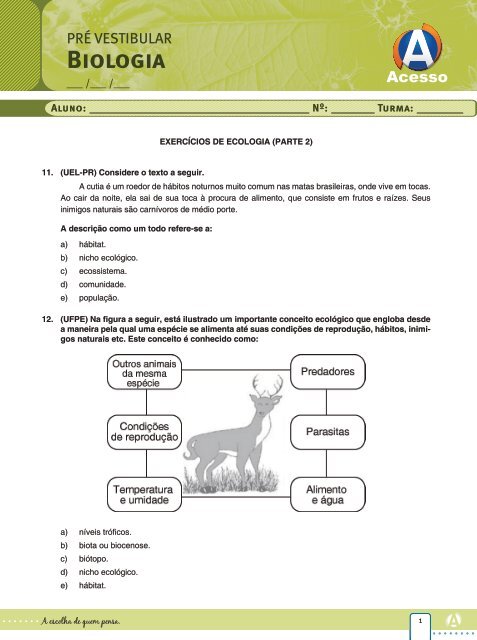 Exercícios – Ecologia – Parte 2 - Curso e Colégio Acesso