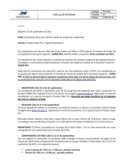 CIRCULAR INTERNA CÃ³digo FG 003 VersiÃ³n 01 Fecha 1.1.3.1 ...