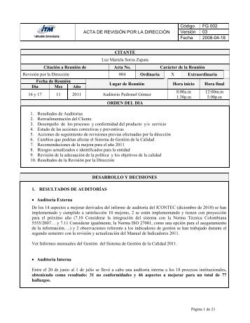 Acta de la RevisiÃ³n por la DirecciÃ³n 2011 - Instituto TecnolÃ³gico ...