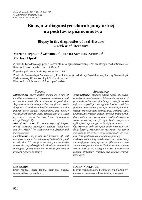 Biopsja w diagnostyce chorób jamy ustnej – na podstawie ...