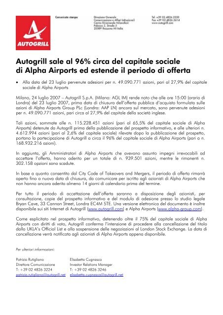 Autogrill sale al 96 circa del capitale sociale di Alpha