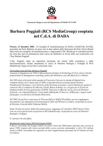 Barbara Poggiali (RCS MediaGroup) cooptata nel CdA ... - Euroborsa