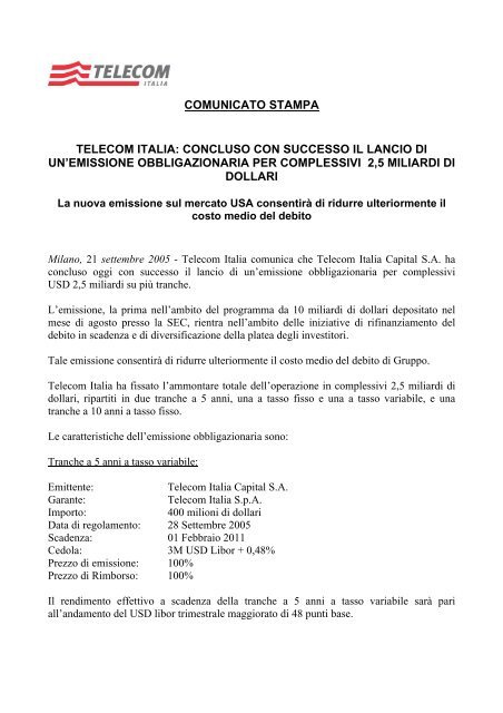 comunicato stampa telecom italia: concluso con ... - Euroborsa