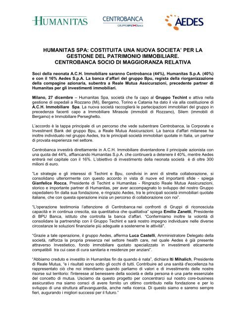 humanitas spa: costituita una nuova societa' per la gestione del ...