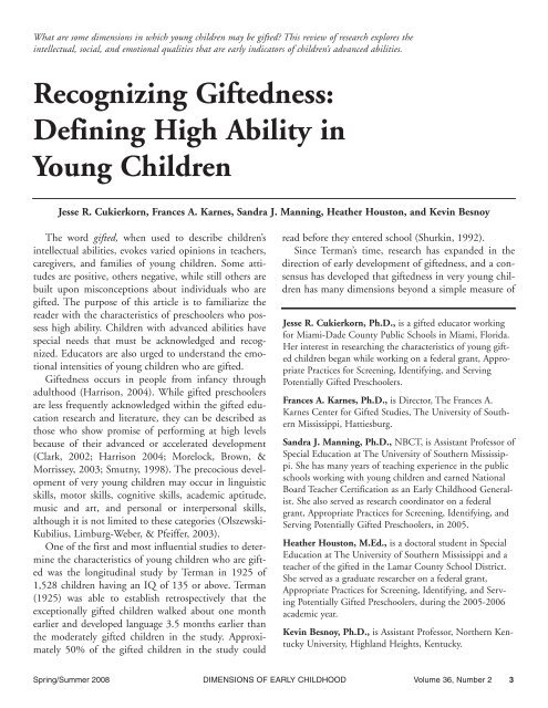 Recognizing Giftedness: Defining High Ability in Young Children