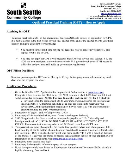 Optional Practical Training - South Seattle Community College