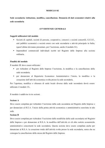 MODULO SE Sede secondaria: istituzione, modifica ... - CCIAA di Bari