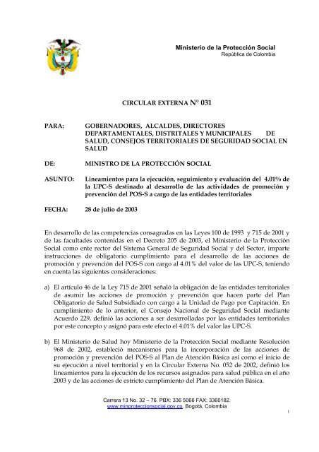 Circular Externa No. 031 del Ministerio de ProtecciÃ³n Social.