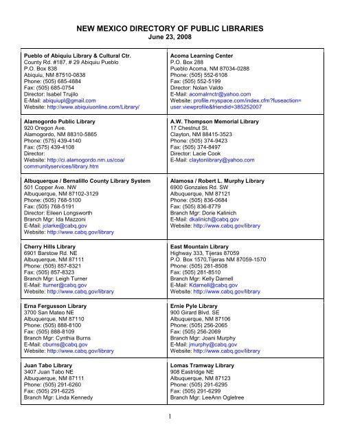 New Mexico Directory Of Public Libraries New Mexico State Library