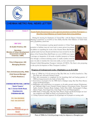 May 2012 CMRL Newsletter - Chennai Metro Rail