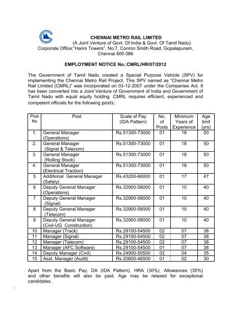 Chennai Metro Rail Limited A Joint Venture Of Govt Of India
