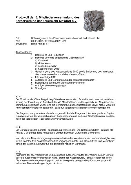 Protokoll Der Mitgliederversammlung Feuerwehr Maxdorf