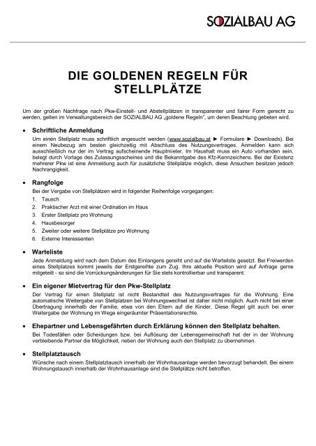 Merkblatt &quot;Die goldenen Regeln fÃ¼r StellplÃ¤tze&quot; - Sozialbau