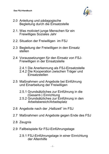 2.0 Anleitung und pädagogische Begleitung durch die Einsatzstelle ...