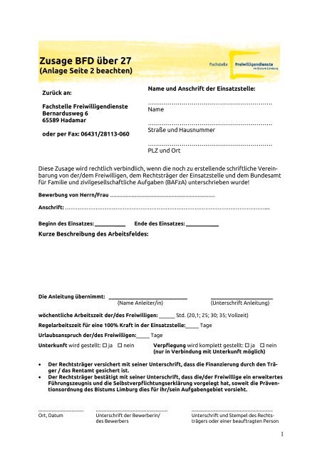 Formular Zusage BFD-ü27 - Fachstelle Freiwilligendienste im ...