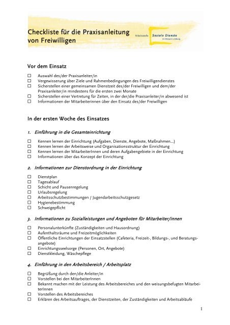 Checkliste für die Praxisanleitung von Freiwilligen