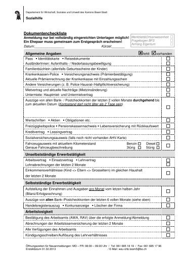 Checkliste der benÃ¶tigten Unterlagen - Sozialhilfe