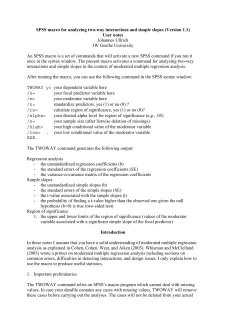 SPSS macro for analyzing two-way interactions and simple slopes