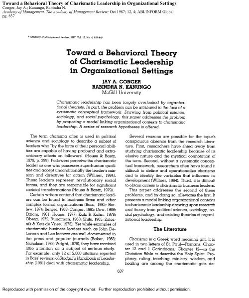 Toward a Behavioral Theory of Charismatic Leadership in ...