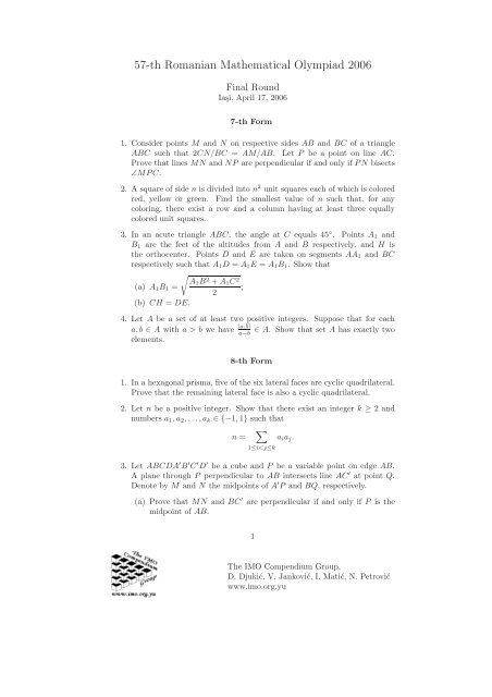 57-th Romanian Mathematical Olympiad 2006 - of / [ohkawa.cc.it ...