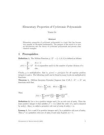 Elementary Properties of Cyclotomic Polynomials