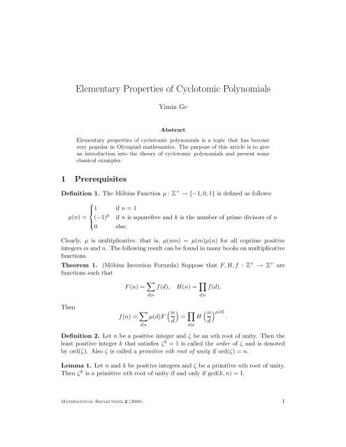 Elementary Properties of Cyclotomic Polynomials