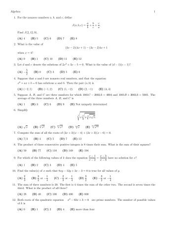 Algebra 1 1. For the nonzero numbers a, b, and c, define J(a ... - IMSA