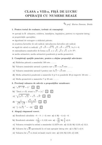 Clasa a VIII-a. FiÅÄ de lucru. OperaÅ£ii cu numere reale