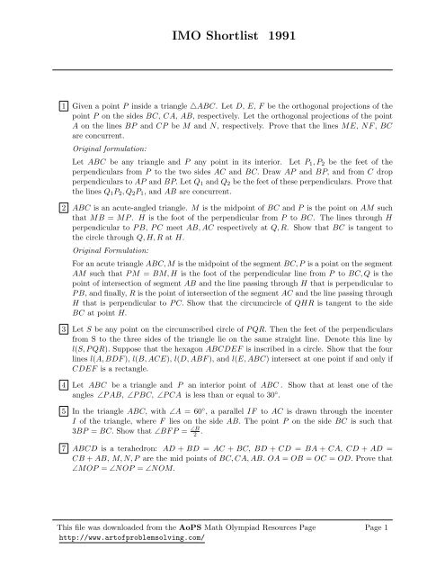 International Competitions IMO Shortlist 1991 - Art of Problem Solving