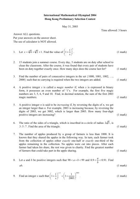 International Mathematical Olympiad 2004 Hong Kong Preliminary ...