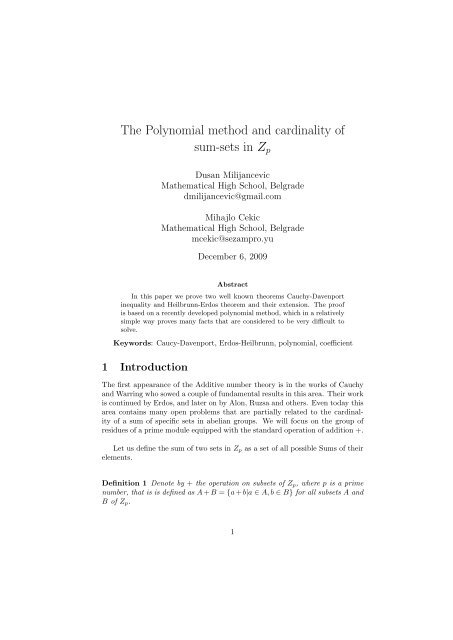 The Polynomial method and cardinality of sum-sets in Zp