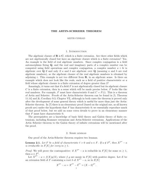 THE ARTIN-SCHREIER THEOREM 1. Introduction The algebraic ...