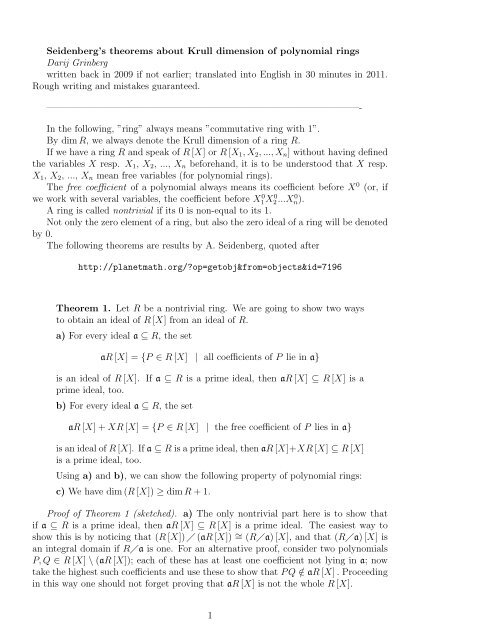Seidenberg's theorems about Krull dimension of polynomial rings ...