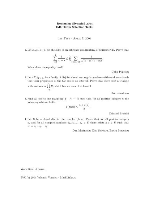 Romanian Olympiad 2004 IMO Team Selection Tests 1st Test - April ...