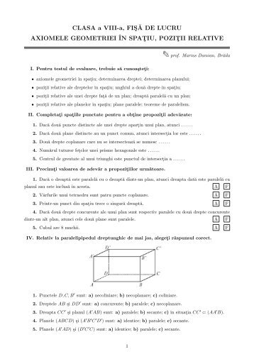 Clasa a VIII-a. FiÅÄ de lucru. Axiomele geometriei Ã®n spaÅ£iu