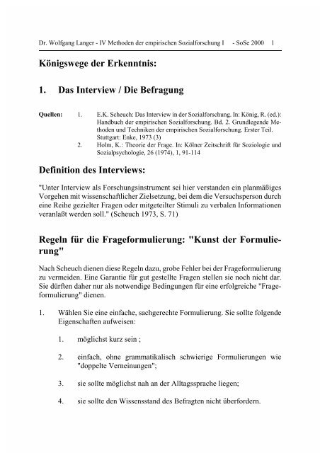 KÃ¶nigswege der Erkenntnis: 1. Das Interview / Die Befragung ...