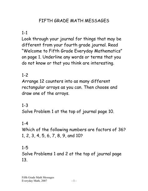 Fifth Grade Math Messages - Everyday School Supply