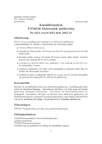 Kursinformation TNMK30 Elektronisk publicering