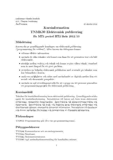 Kursinformation TNMK30 Elektronisk publicering