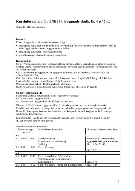 Kursinformation för TNBI 39, Byggnadsteknik, fk, 4 p / 6 hp