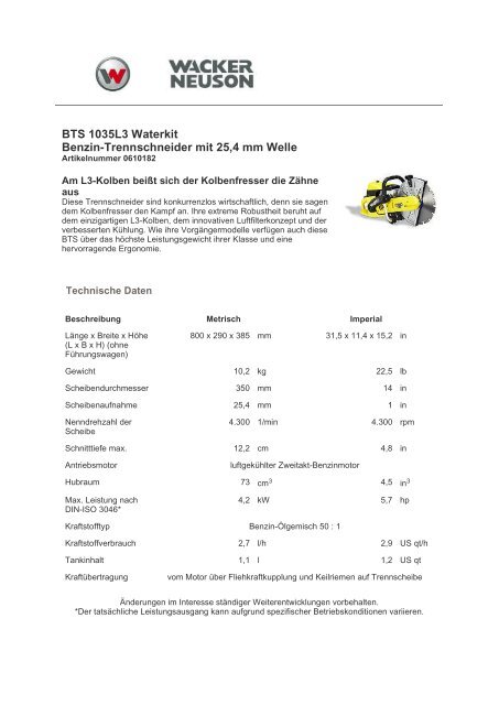 BTS 1035L3 Waterkit Benzin-Trennschneider mit 25,4 mm Welle