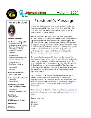 Autumn 2004 Newsletter - Ontario Association of Junior Educators