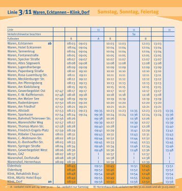 Samstag, Sonntag, Feiertag Linie 3/11Waren,Ecktannen–Klink,Dorf