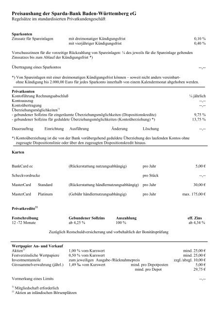 Preisaushang der Sparda-Bank Baden-WÃ¼rttemberg eG