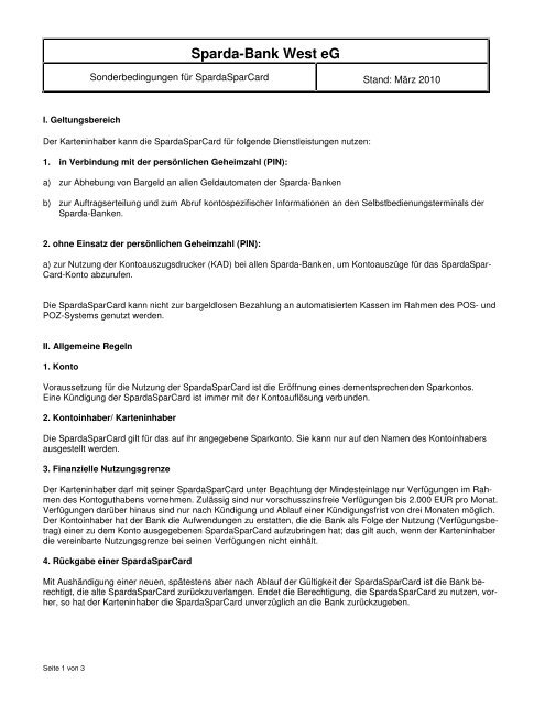 Sonderbedingungen fÃ¼r SpardaSparCard - Sparda-Bank West eG