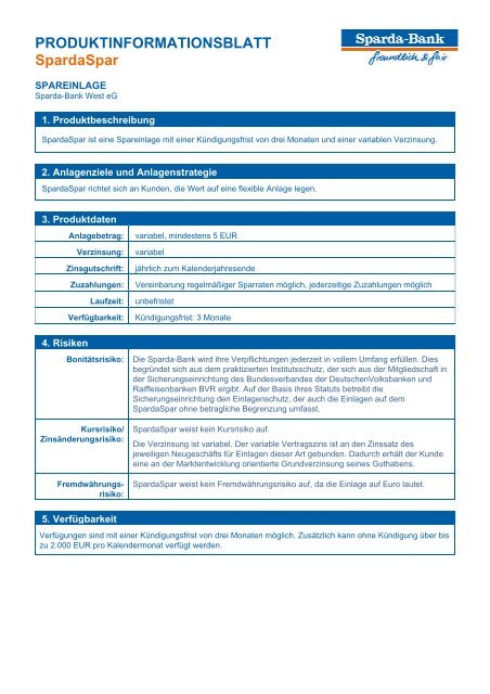 Produktinformationsblatt SpardaSpar - Sparda-Bank West eG