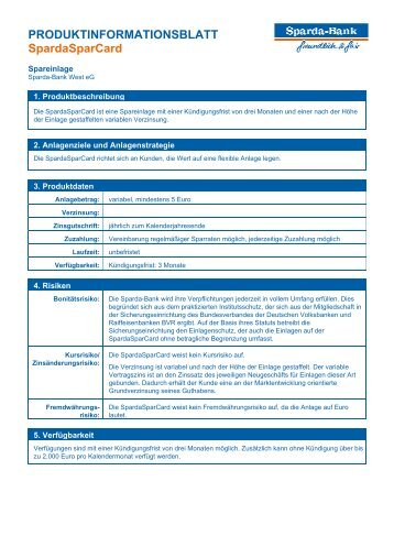 Produktinformationsblatt SpardaSparCard - Sparda-Bank West eG