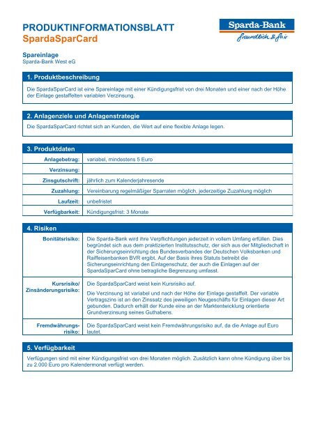 Produktinformationsblatt SpardaSparCard - Sparda-Bank West eG