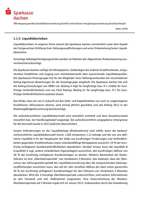 Offenlegungsbericht der Sparkasse Aachen Offenlegung nach § 26a ...