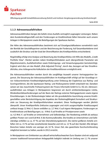 Offenlegungsbericht der Sparkasse Aachen Offenlegung nach § 26a ...